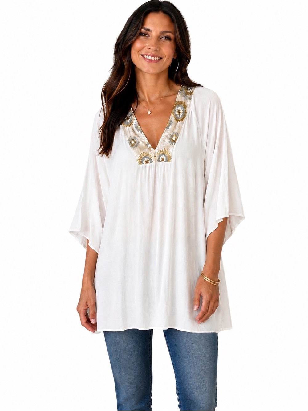 Tamara Catz Embroidered Tunic Top XS White Gold Boho Flutter Sleeve Blouse